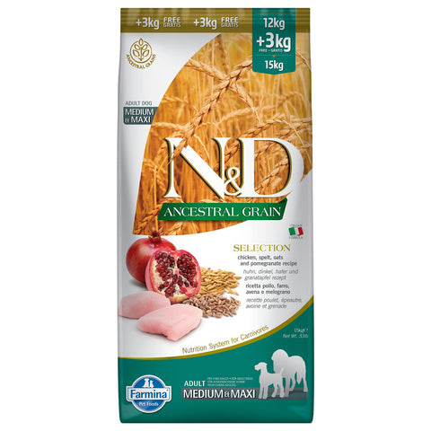   Dog Ancestral Grain Adult Med/Max Huhn, Dinkel, Hafer und Granatapfel, 15kg bester-kauf.ch